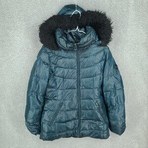 Calvin Klein Jacket Womens Medium Green Down Puffer Parka Faux Fur Full Zip
